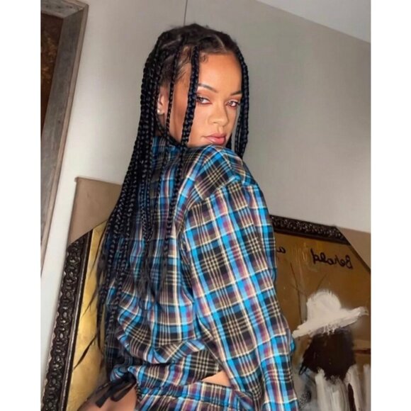 💕SAVAGE x FENTY💕 Tied-Up Tartan PJ Raw Hem Sleep Shirt Blue Plaid Small S NWT - Picture 5 of 16